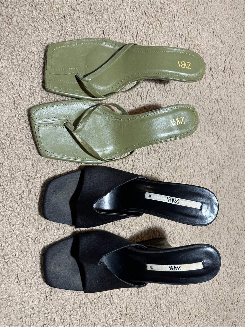 Zara bundle slip on sandals (black satin and gree. Leather)